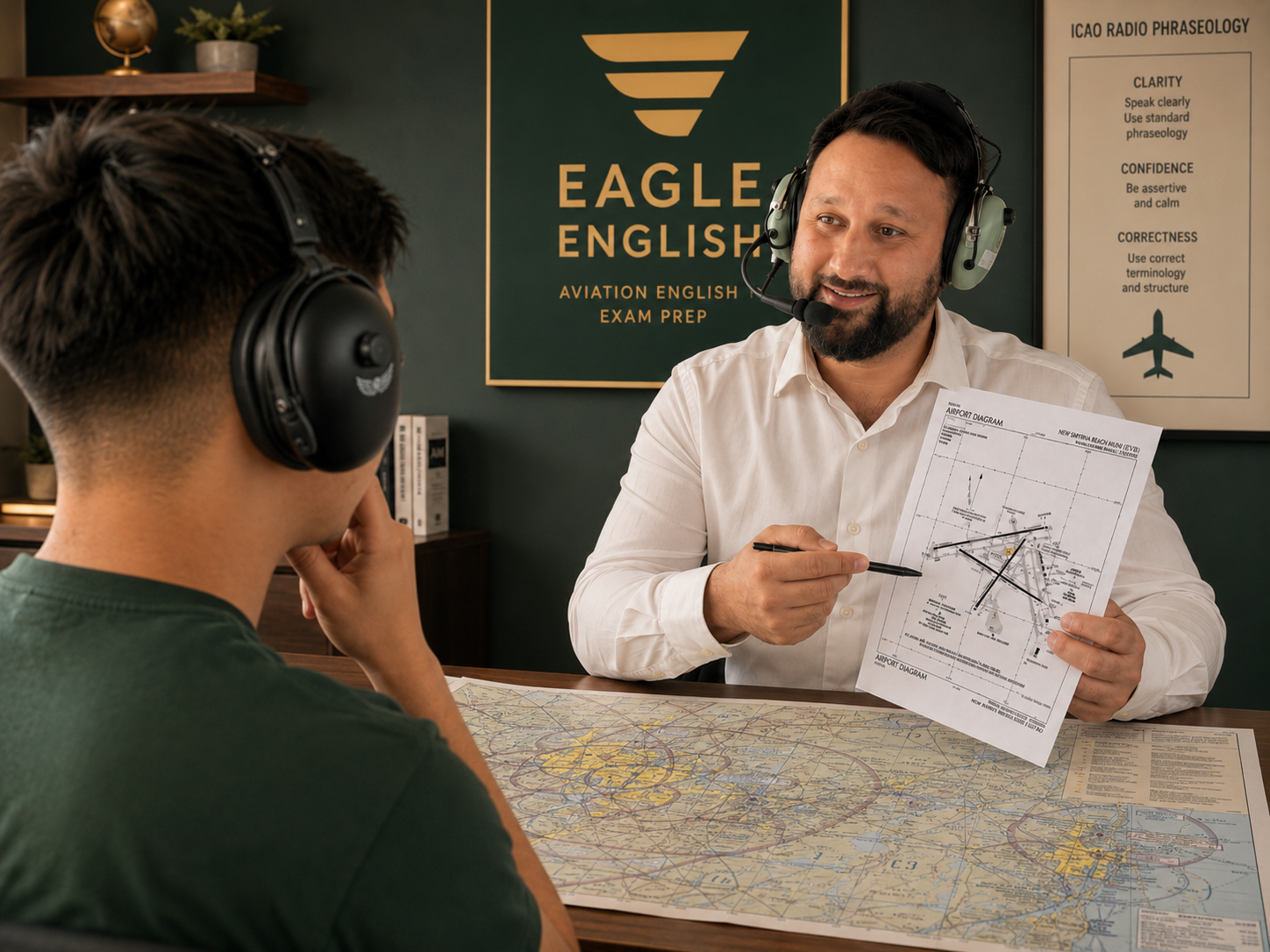Student pilot communicating during aviation training